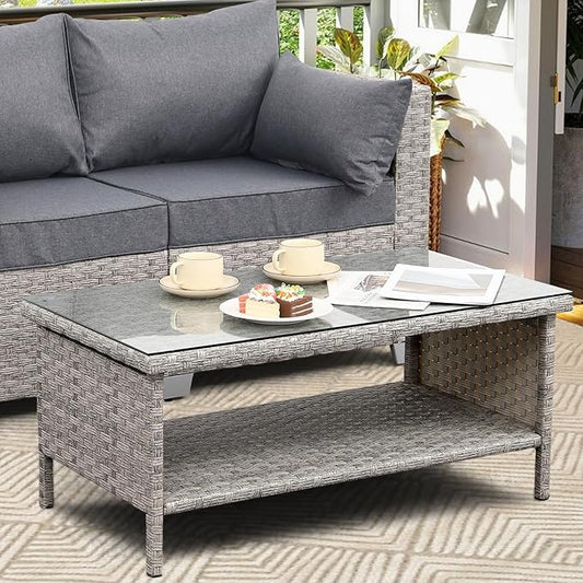 Rattaner Patio Coffee Table Outdoor Furniture Wicker Table 2-Layer Storage with Tempered Glass and Furniture Cover, Grey