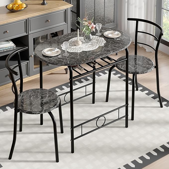 VECELO 3-Piece Dining Table Set for Kitchen Breakfast Nook, Wood Grain Oval Tabletop and Metal Frame with Built-in Wine Rack, for Small Spaces, Faux Marble & Black