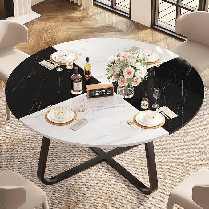 LVB Round Marble Dining Table for 4 Man, Modern 51-Inch Wood Dining Table,Farmhouse Large Kitchen Table with Metal Legs for Living Room, Home, Apartment,Black and White Marble