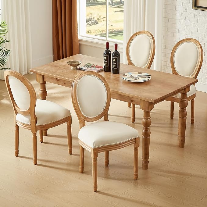 Nrizc French Country Dining Chairs Set of 4, Farmhouse Fabric Chairs with Round Back, Solid Wood Legs, Oval Side Chairs for Kitchen/Bedroom/Dining Room