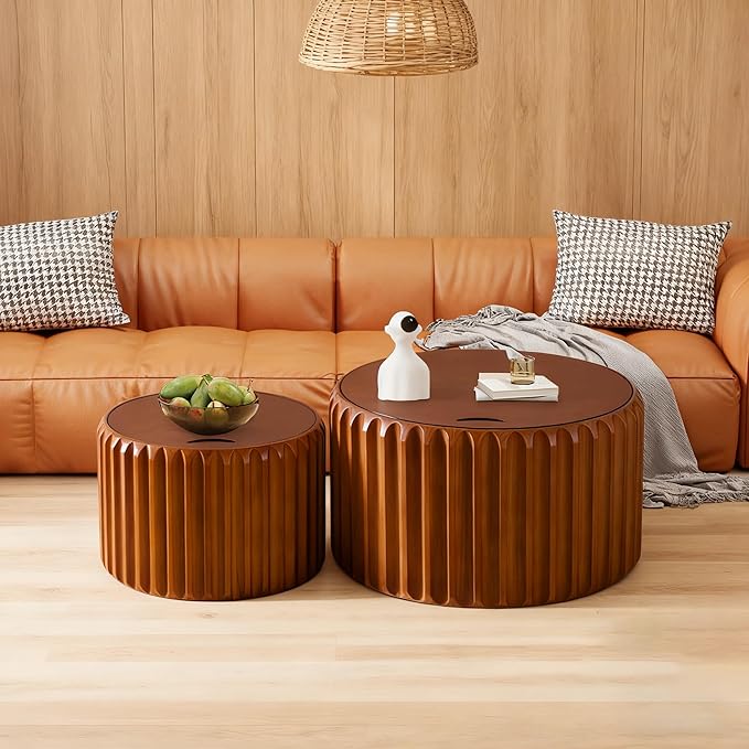 26" Round Nesting Coffee Table Set of 2 with Storage, Modern Round Wood Fluted Coffee Tables with Storage for Living Room Nesting End Table for Small Space (A Walnut)