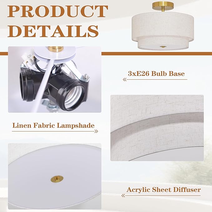 3 Light Semi Flush Mount Ceiling Light Fixture 15.7 Inch Modern Gold Drum Ceiling Light Fixture with 2-Layer Fabric Shade Dimmable Close to Ceiling Light for Living Room Hallway Bedroom Entryway