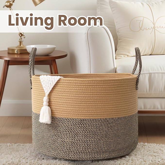 Woven Blanket Basket,65L Large Rope Storage Bin with Handles, Organizer for Blankets Toys Book and Clothes, Laundry Basket for Living Room Bedroom Nursery,Jute&Black