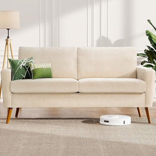 WEUP 68" Loveseat Sofa Beige Corduroy Couch, Mid Century Modern Love Seat Couches for Living Room, Small Loveseat for Bedroom Office, Comfy Sofa with Spring Cushion, Solid Wood, Tool-Free Assembly