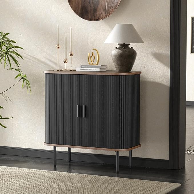 31''W Black Buffet Sideboard Cabinet with Storage, Fluted Accent Storage Cabinet Black with Curvy Edge; Sliding Door Coffee Bar, Credenza Console Table for Living, Kitchen, Hallway