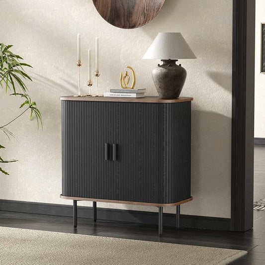 31''W Black Buffet Sideboard Cabinet with Storage, Fluted Accent Storage Cabinet Black with Curvy Edge; Sliding Door Coffee Bar, Credenza Console Table for Living, Kitchen, Hallway
