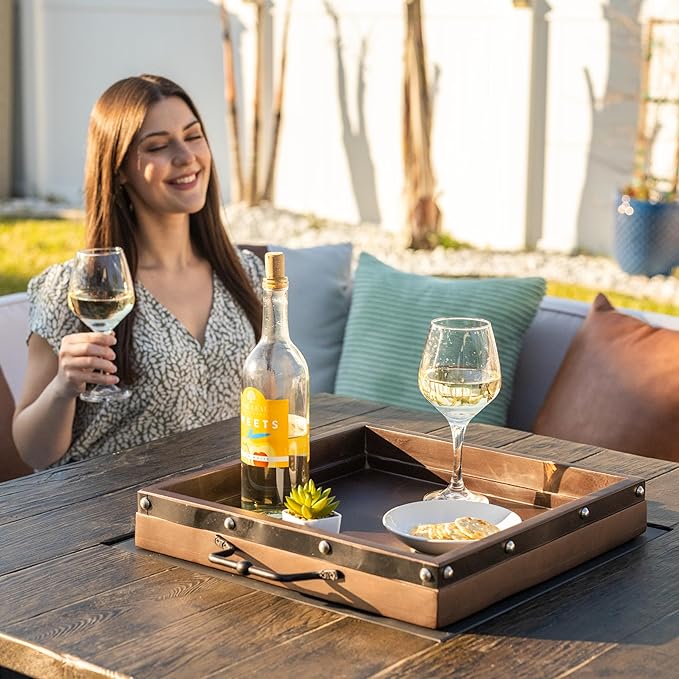 16"x16" Large Square Ottoman Tray, Heavy Duty Mango Wood, for Serving Tea, Breakfast in Bed, Living Room Large Coffee Table Tray Rustic with Farmhouse Style, Decorative Handles and Accent Strap