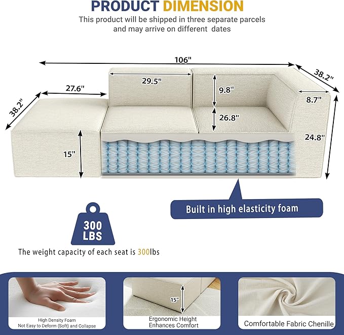 106" Sectional Compressed Sofa Modular Couches,High-Density Foam No Assembly Required,3-Piece(1xCorner 1xArmless 1xOttoman) for Living Room, Chenille Beige White