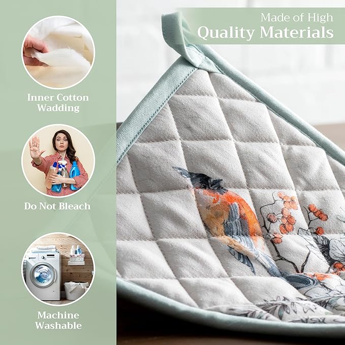 Maison d' Hermine Pot Holders 100% Cotton Heat Resistant Potholders 8" x 8" Hot Pads with Loop for Thanksgiving Christmas Decorations BBQ Cooking Handling Hot Pans (Pack of 1, Whitish Shabby Chique)