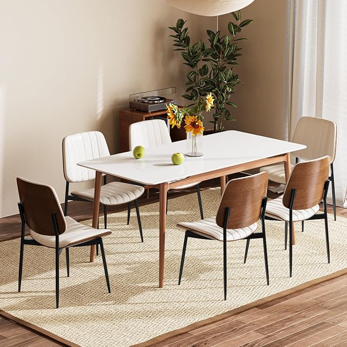 Modern Green Leather Dining Chair Set of 6, Bentwood Backrest & Black Metal Frame Ergonomic Comfort, Sustainable Style, Multi-Space Versatile, Beige