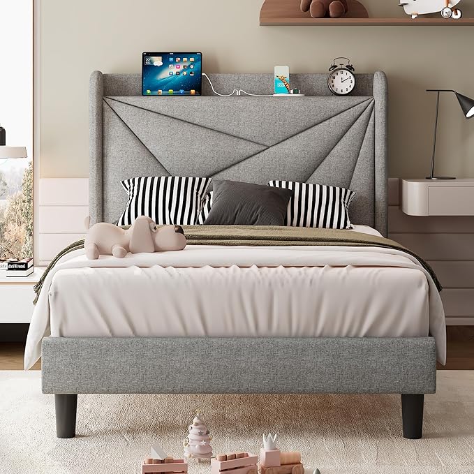 iPormis Twin Size Bed Frame with Charging Station, Linen Platform Bed Frame with Wingback Headboard Upholstered Bedframe, Solid Wood Slats Support, No Box Spring Needed, Easy Assembly, Light Grey