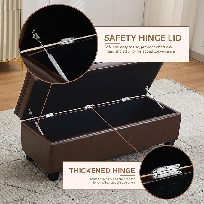 50" Faux Leather Storage Ottoman Bench, Upholstered Rectangle End of Bed Storage Ottoman Tufted Living Room Bedroom Bench with Safety Hinge, Solid Wood Legs, Loads 500 lb(Dark Rrown)