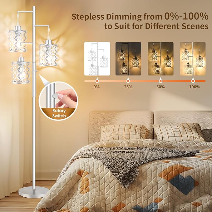 【Upgraded】72" Tall Dimmable Floor Lamp, Modern Standing Lamp with Elegant Metal Cage, Industrial Tree Floor Lamps for Living Room, Bedroom, Study Room, Office (3 x 800LM LED Bulbs Included) - Silver