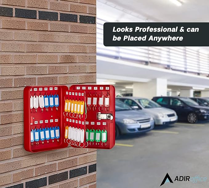 AdirOffice Key Lock Box – 48 Key Hooks Wall Mounted Key Cabinet Lock Box, Car Keys Holder Box, Lockable Key Storage Box - Metal Key Box Organizer with for Home and Office