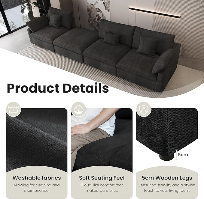 Modular Sectional Sofa,119inch V Shaped Down Filled Cloud Couch,5 Seater Convertible Sofa Living Room Set,Cover Washable and Replaceable Couches for Living Room,Black