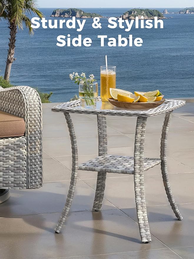 10 Piece Outdoor Wicker Rattan Sectional Sofa Set with Swivel Chairs & Fire Pit Table, 7-Seats with 4" Thickened Cushions & Coffee Table, All-Weather PE Rattan for Garden, Backyard, Porch, Beige