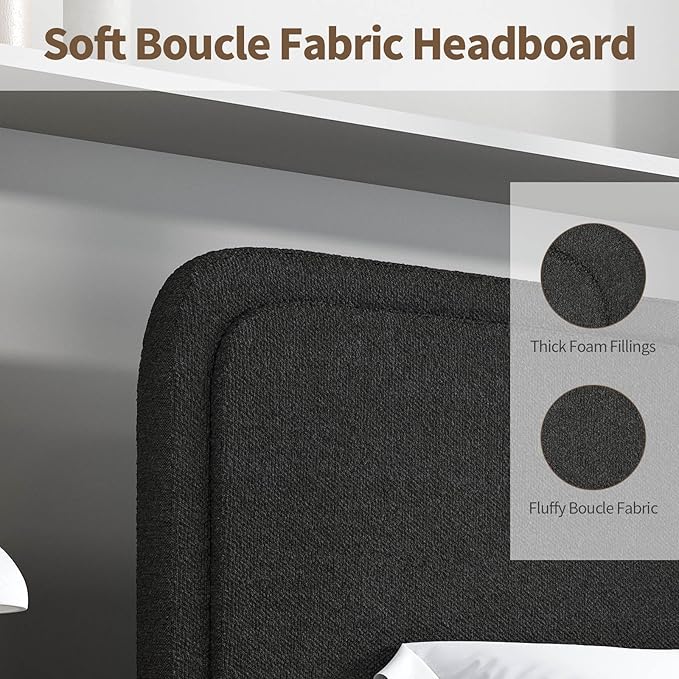 BarnFurin Queen Bed Frame, Boucle Upholstered Platform Bed Frame with Headboard, Modern Style, Soft Rounded Corners, No Box Spring Required, Easy Assembly, Black