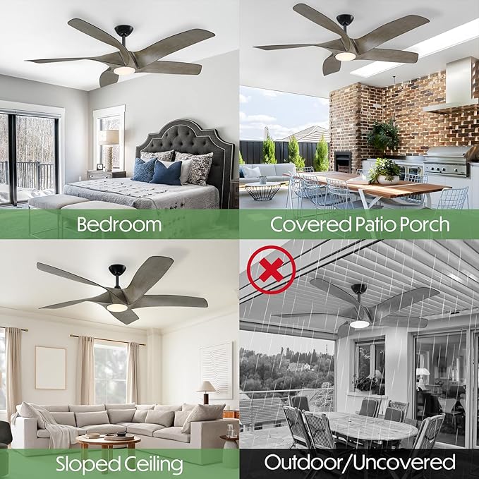 60 inch Wood Ceiling Fans with Lights and Remote,5 Blades Large Walnut Ceiling Fan, Outdoor Ceiling Fanwith 6 Speeds,Reversible DC Motor, Timer for Living Room, Farmhouse, Patio(Grey Oak)