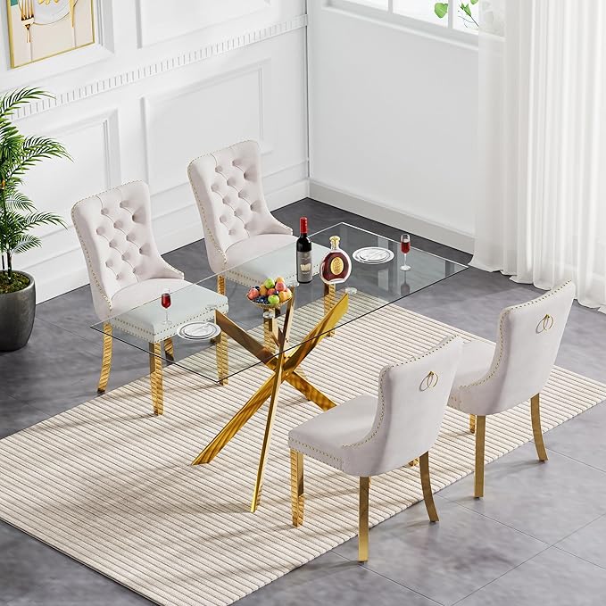 Goujxcy Glass Dining Table Set for 4, Modern Kitchen Table and Chairs Set of 4, 5-Piece Kitchen Dining Room Table Set w/61 Glass Gold Dining Table and 4 Beige Velvet Upholstered Chairs