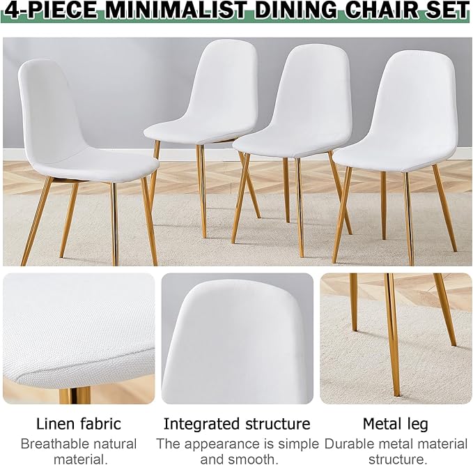 Dining Chairs Set of 4,Luxury Modern Kitchen Dining Room Chairs with Metal Golden Leg and Linen Material High Resilience for Dining Room,Restaurant,Living Room, Bedroom, (White)