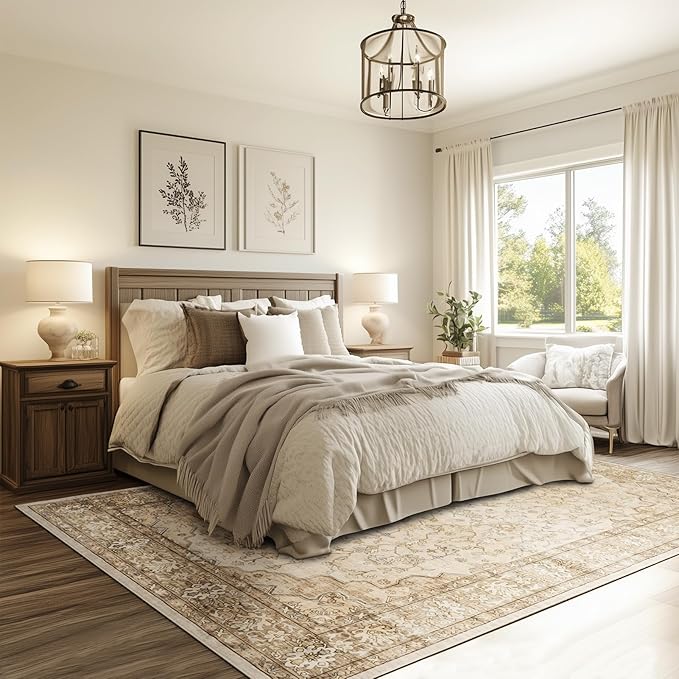 8x10 Area Rugs for Large Living Room Washable Low Pile Non Slip Stain Resistant Euro Floral Distressed Big Boho Carpet Rug Ultra-Thin for Bedroom Dining Room Farmhouse Family Room,Natural Beige