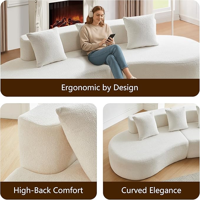 109'' Curved Couch, Mid Century Modern Half Moon Sofa, Luxury 3-Seat Couch with High-Density Foam Filled, Raindrop Velvet Fabric Sectional Sofa for Living Room, Apartment, Office, White