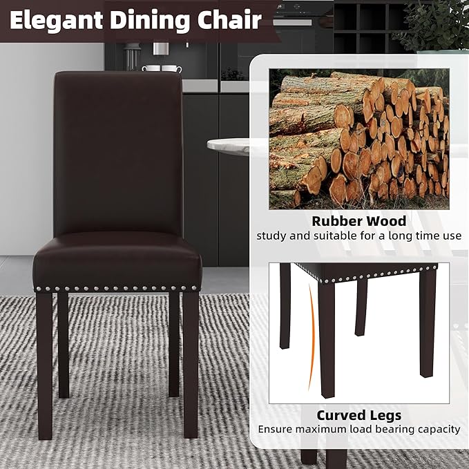 Westice Dining Room Chairs Set of 6 Upholstered PU Leather Kitchen Chairs Dining Room Side Chair with Nailhead Trim and Rubber Wood Legs for Small Space Apartment, Brown