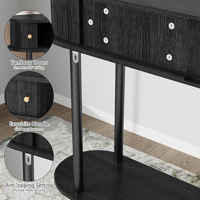 ARTPOWER Modern Entryway Table with Wood Tambour Door, Accent Behind Couch Sofa Console with Storage, Fluted Side Table for Hallway, Living Room, Foyer, Black