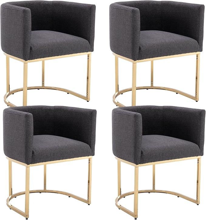 Linen Fabric Dining Chairs Set of 4 Modern Barrel Arm Chairs with Black Frame, Upholstered Kitchen Chairs 18.5" Wide Accent Chairs for Living Room Dining Room Restaurant, Charcoal