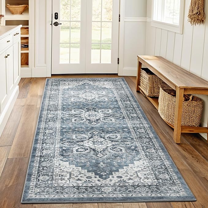 AMADA HOMEFURNISHING 2x6 Washable Runner Rug, Low-Profile Kitchen Rugs with Non-Slip Backing & Durable Edge Binding, Vintage Entryway Runner Rug for Bedroom & Hallway