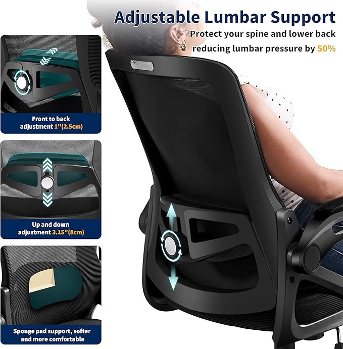 Ergonomic Office Chair, Desk Chair with Adjustable Lumbar Support, Breathable Mesh Comfy Computer Chairs with Flip-up Armrests Executive Task Chair for Adults Home Office(Black)