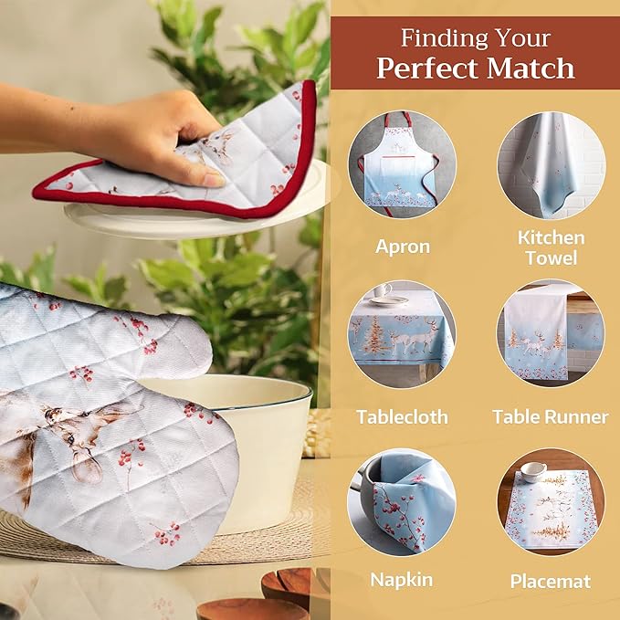 Maison d' Hermine 100% Cotton Oven Mitt & Pot Holder Set (7.5"x13" & 8"x8") Heat Resistant BBQ Cooking Gloves with Loop for Thanksgiving Christmas Decorations Handling Hot Pans (Fairy Tale Forest)