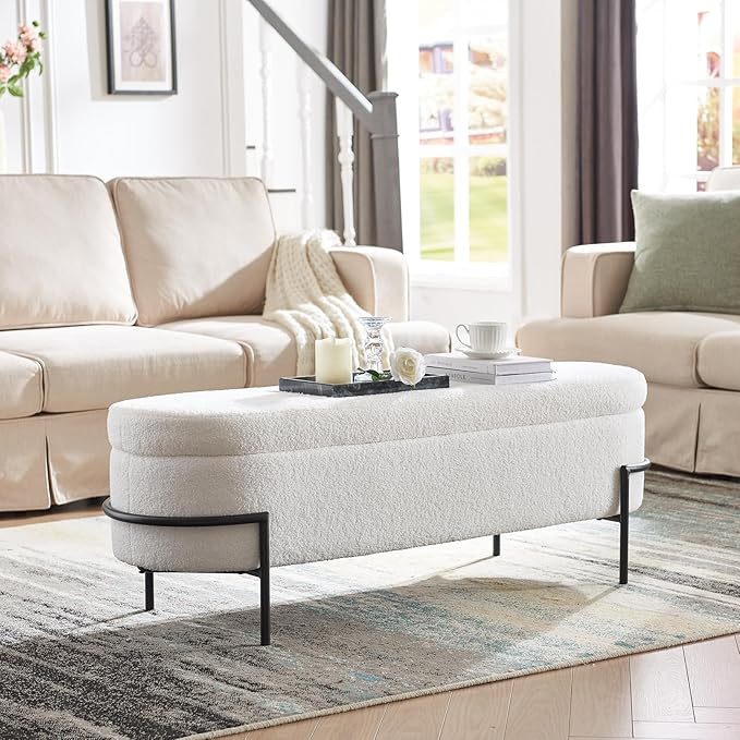 Sherpa Storage Ottoman Bench for Bedroom, White End of Bed Bench with Storage, Upholstered Boucle Storage Bench with Metal Stand and Hinges, Oval Ottoman for Living Room, 45 Inch