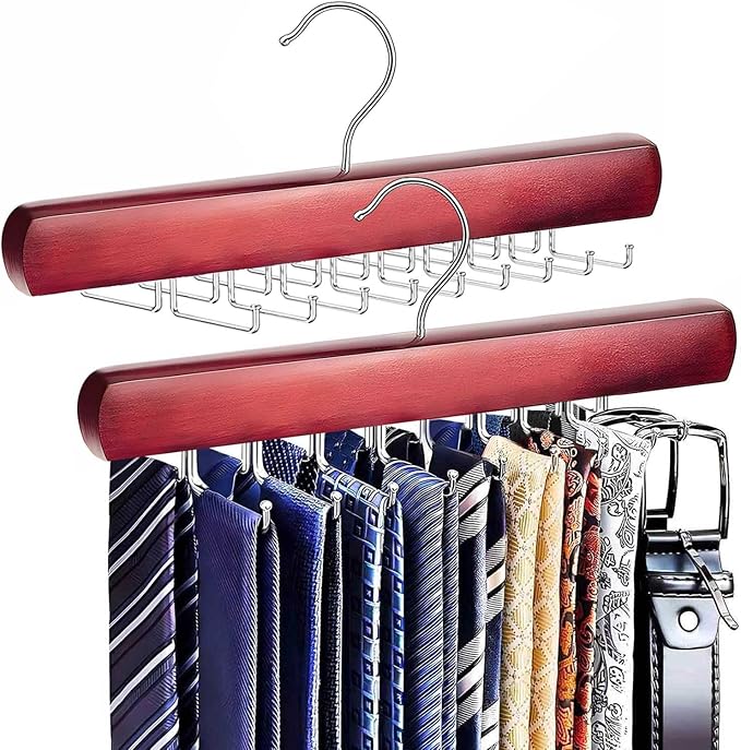 2Pack Tie Rack Hanger for Closet, Sleek Tie Organizer for Men with 18 Upgraded Folding Hooks, Space-Saving Tie Holder, Tie and Belt Hanger for Closet (Mahogany)