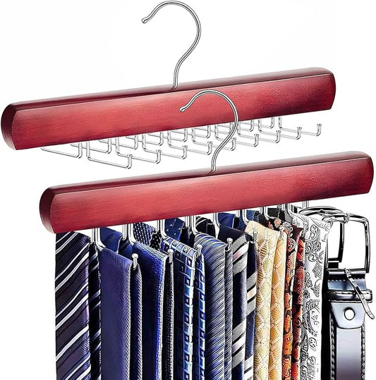 2Pack Tie Rack Hanger for Closet, Sleek Tie Organizer for Men with 18 Upgraded Folding Hooks, Space-Saving Tie Holder, Tie and Belt Hanger for Closet (Mahogany)