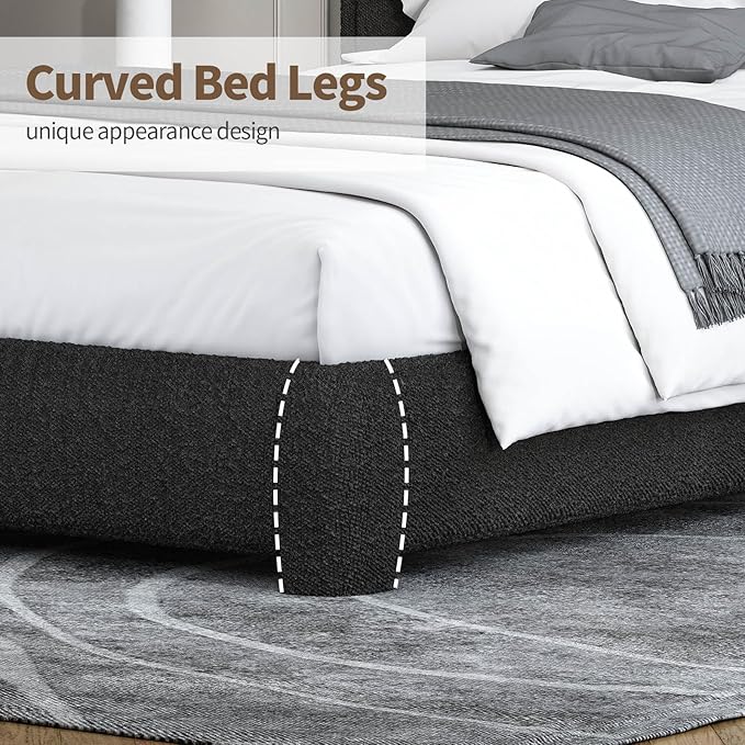 BarnFurin Twin Size Bed Frame, Boucle Upholstered Platform Bed Frame with Headboard, Modern Style, Soft Rounded Corners, No Box Spring Required, Easy Assembly, Black