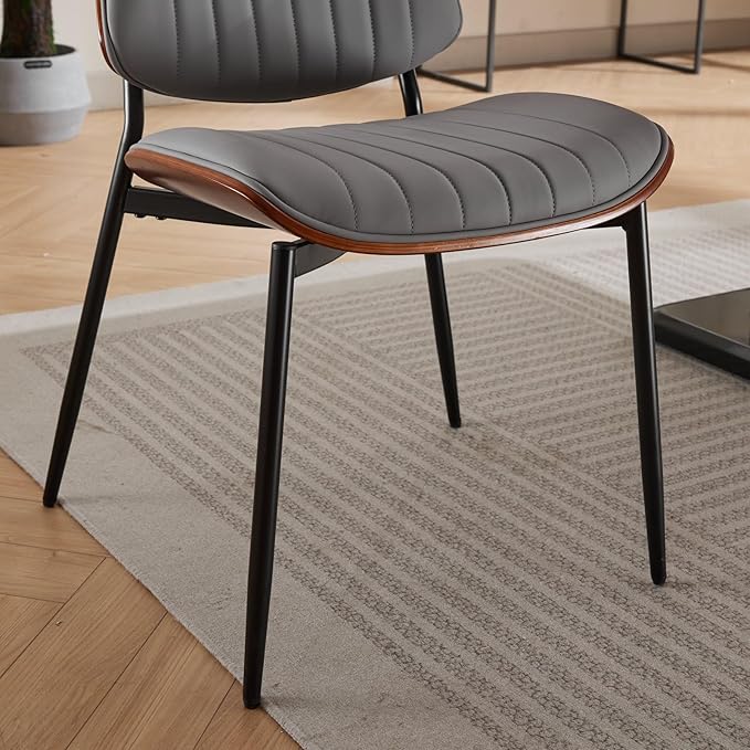 Dining Chairs Set of 4, Mid Century Modern Accent Dining Room and Kitchen Chairs, Upholstered PU Leather Vertical Stripe Chairs for Vanity with Walnut Bentwood and Metal Legs, Gray