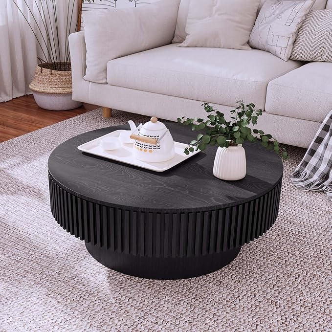 31.5'' Small Round Coffee Table with Storage, Fluted Coffee Table with Solid Wood Veneered, Mid Century Modern Wooden Center Table, Accent Tea Table for Small Space Living Room Apartment,Black