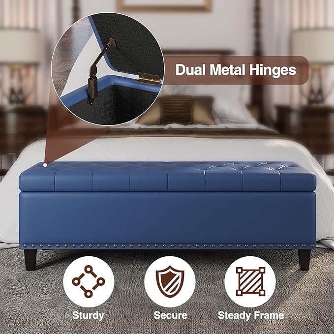 Storage Ottoman Bench,51-Inch Large Storage Bench for Bedroom End of Bed, 30 Gallons Faux Leather Ottoman with Storage for Bedroom, Living Room, Entryway, Hallway, Blue