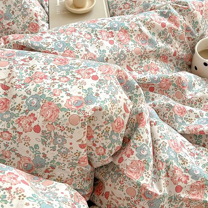 EAVD French Garden Pink Floral Comforter Set Full Soft Microfiber Chic Shabby Floral Bedding Set with 2 Pillowcases Cute Botanical Comforter Set for All-Season
