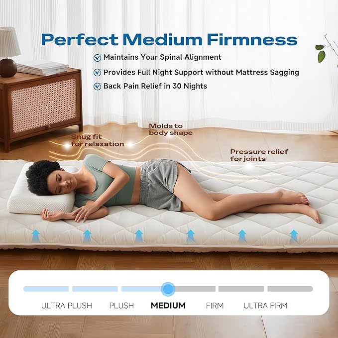 Aircliff Japanese Floor Futon Mattress Queen Size, Roll Up Tatami Mat, Sleeping Pad, Shikibuton, CertiPUR-US Certified Foam Floor Bed Mattress for Sleeping, Dormitory, Guest Bed, Designed in Japan