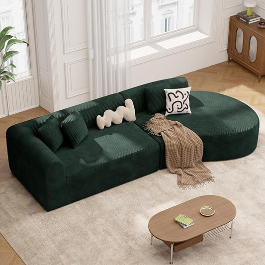 128" Oversized Modern Curved Sofa,Boneless Cloud Sectional Couch with Deep Seat,No Assembly Required Corduroy Couches for Living Room,Green,1 PCS