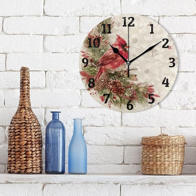 Christmas Wall Clock Red Cardinals Silent Non Ticking Wall Clock Winter Birds Decorative Battery Operated Wall Clocks 10 Inch for Home Kitchen Bedroom Living Room Office