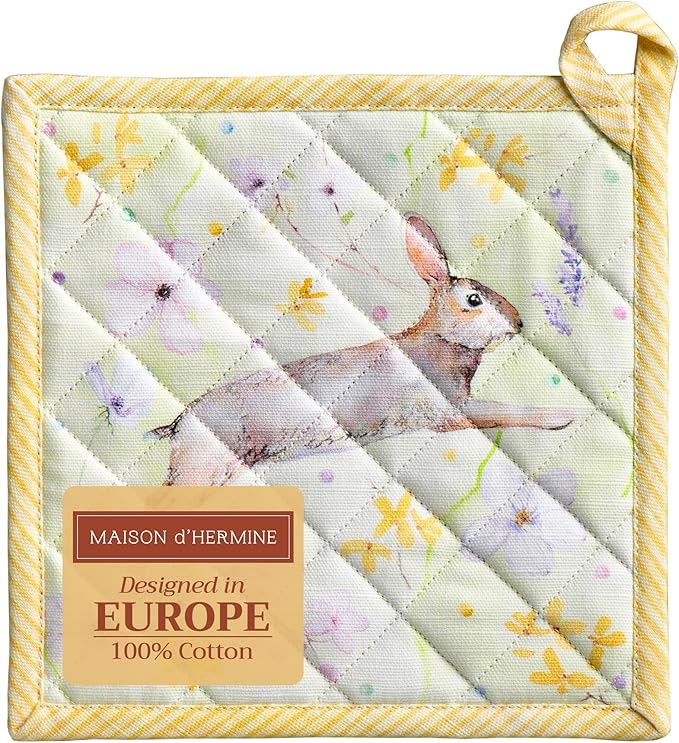 Maison d' Hermine Pot Holders 100% Cotton Heat Resistant Potholders 8" x 8" Hot Pads with Loop BBQ, Cooking, Baking, Grilling, Kitchen, Handling Hot Pans Spring/Summer (Pack of 1, Easter Zest)