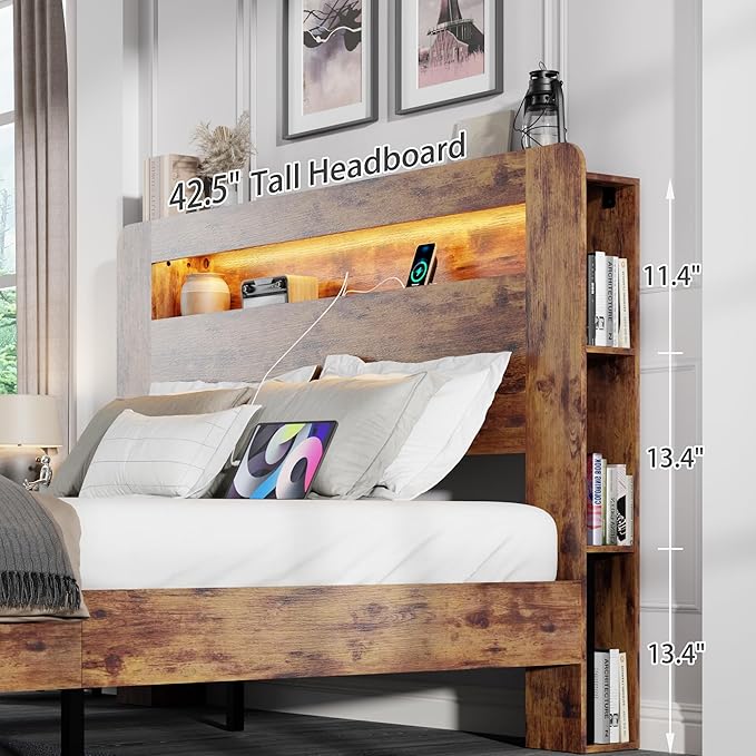 King Size Wooden Bed Frame with Bookcace Storage Headboard, Rustic Farmhouse Bedframe with LED Lights and Charging Station, Sturdy and Stable, Slat Support, No Box Spring Required (Brown, King)