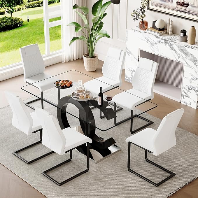 63'' Glass Dining Table Set for 6, Kitchen Table Chairs Set of 6, Clear Glass Dining Table with Black unique design Leg and Silver Metal Base, 6 PU Dining Chairs with Metal Legs, Living Room, Kitchen.