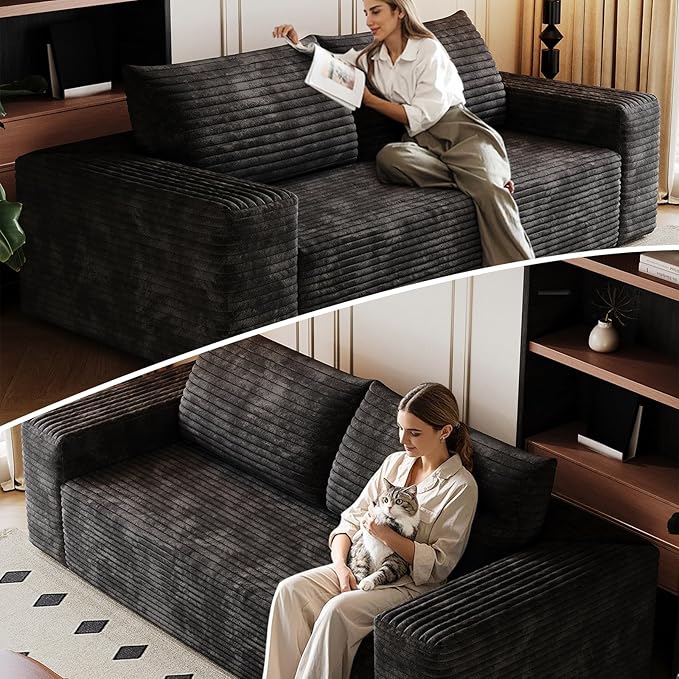 Cloud Loveseat Sofa, Modern Corduroy 2-Seater Couch with Deep Seat, No Assembly Required Memory Foam Sofa, Boneless Sofa in a Box for Bedroom, Apartment, Office,Small Space (Black,70.8in)