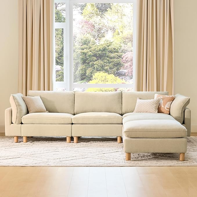 CHITA 127" Super Large Sectional Couches for Living Room, Modular Cloud Couch Sectional Sofa, Premium Fabric Couches, Down Filled, High Density Foam, Chenille in Beige, 5 Seat U Shaped