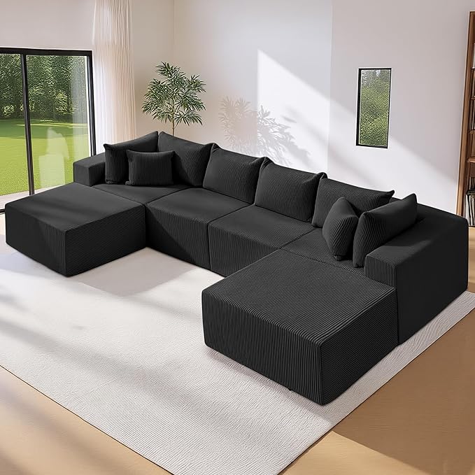 Oversize 131” Boneless Couch for Living Room, Comfort U Shaped Cloud Couch Sectional, Extra Deep Seats Corduroy Modular Sectional Sofa No Assembly,Black