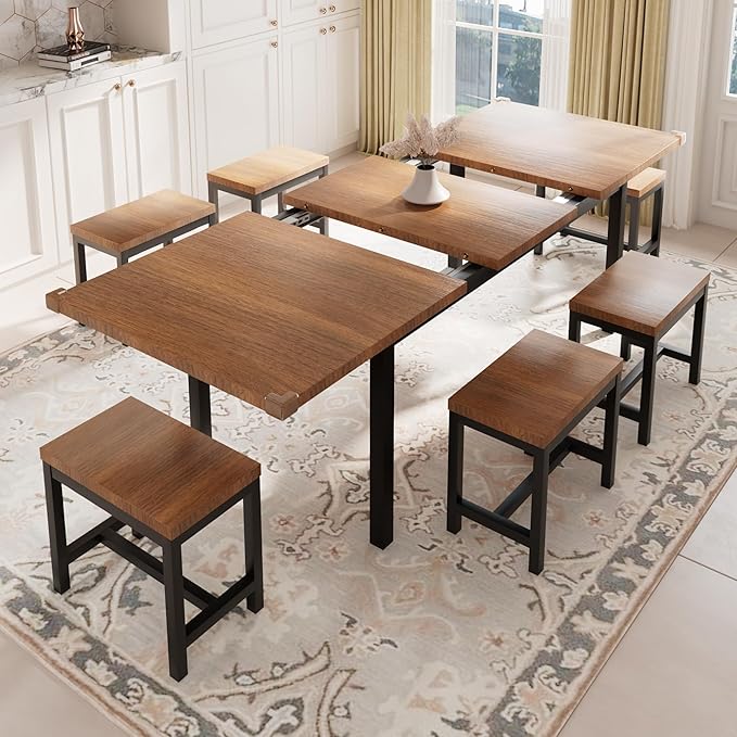 Feonase 7-Piece Dining Table Set with 6 Stools, 63" Large Extendable Kitchen Table Set for 4-8, Mid-Century Dining Room Table with Heavy-Duty Frame & MDF Board, Easy Assembly, Walnut